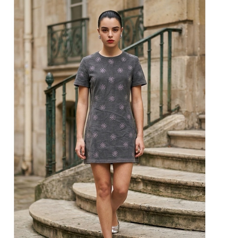 Zara Embellished Linen Blend Mini Dress Grey‎ Studded Floral Short Sleeve M